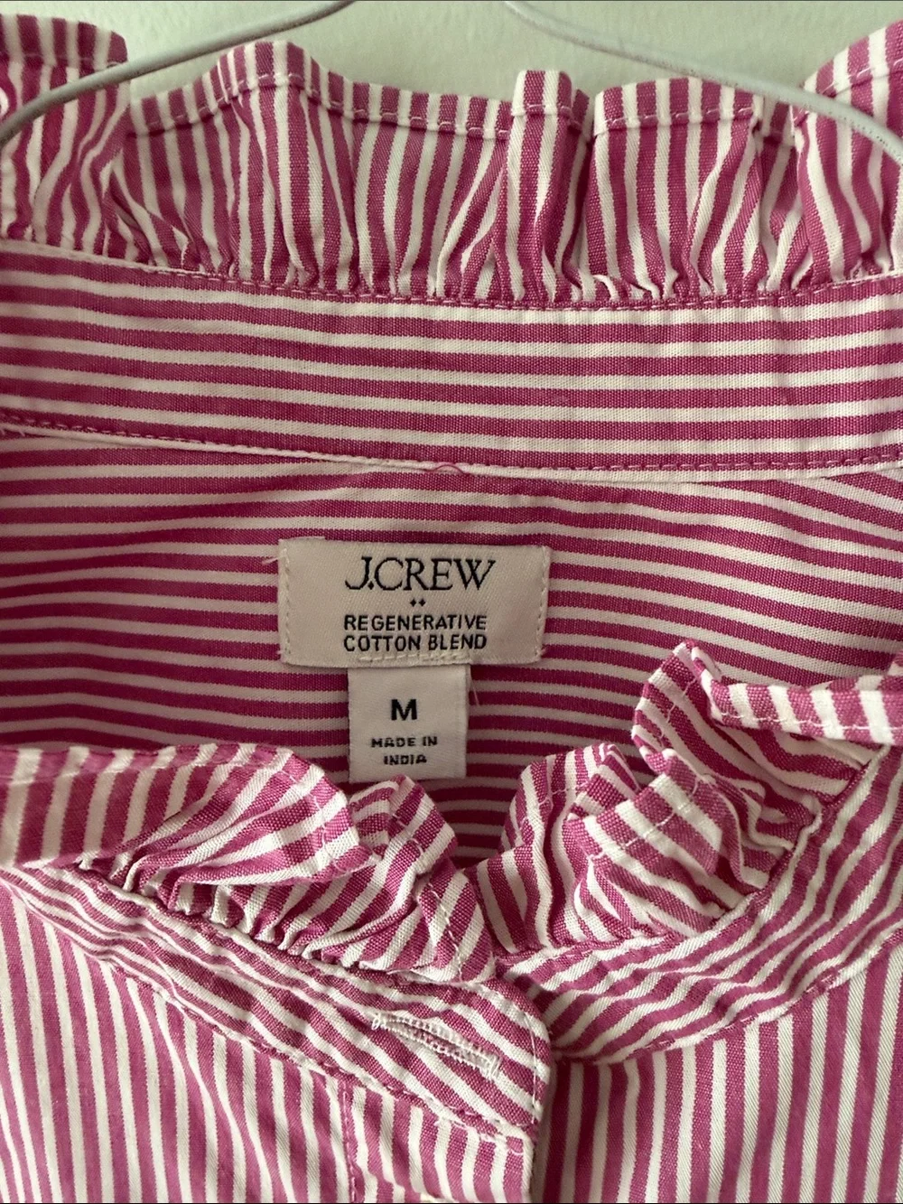 J. Crew Pink Striped Ruffle-Neck Button-Up Blouse